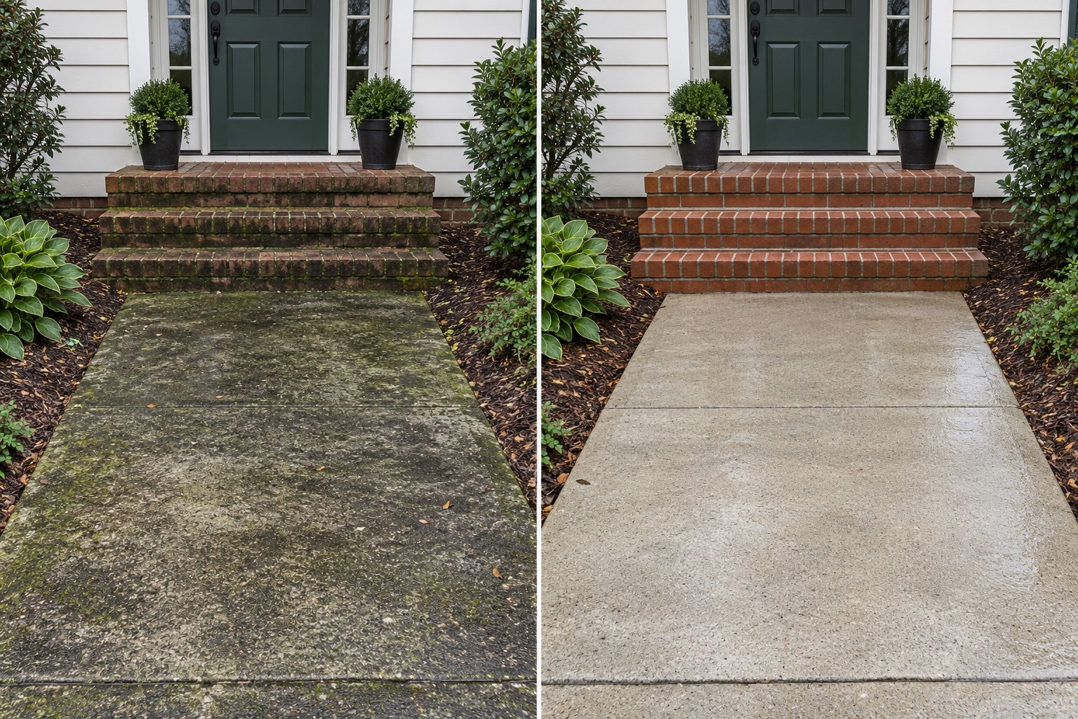 Illustrative example of the same front steps and walkway before and after pressure washing